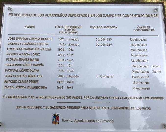 Placa conmemorativa por los deportados a campos de concentración, enhttps://memoriadealbacete.victimasdeladictadura.es/listing-item/los-memoriales-de-almansa/