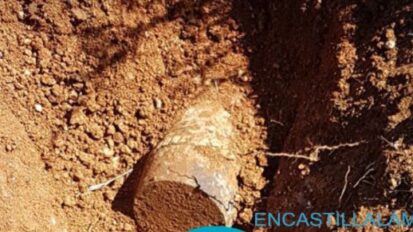 Proyectil de artillería hallado en la zona de trincheras en 2017. Fuente: https://www.encastillalamancha.es/castilla-la-mancha-cat/toledo/aparece-un-proyectil-de-la-guerra-civil-frente-a-luz-del-tajo-en-toledo/