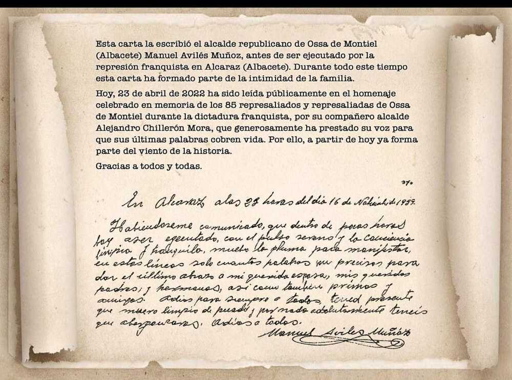 Reproducción de la carta del alcalde republicano de Ossa de Montiel, en La Tribuna de Albacete
