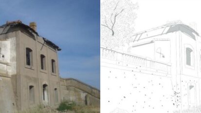 Imagen de uno de los edificios de la antigua cementera Asland y dibujo en el que recogen los impactos de arma de fuego. Fuente: Cota 667.