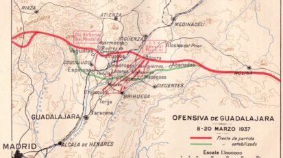 Plano de la ofensiva de Guadalajara, marzo 1937. Fuente: https://rutasbelicas.com/articulos-sobre-la-batalla-de-guadalajara/la-batalla-de-guadalajara-parte-iv-brihuega-la-clave