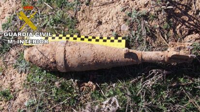 Proyectil de mortero recuperado en el término municipal de Hita. Fuente: https://www.encastillalamancha.es/sucesos-cat/la-granada-mortero-la-guerra-civil-fue-explosionada-hita/
