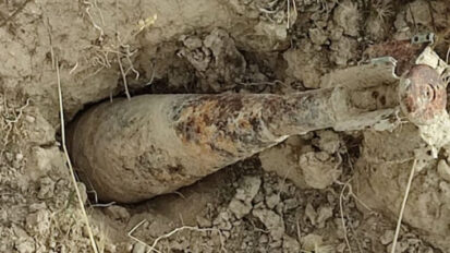 Proyectil de mortero recuperado en las cercanías de Cogolludo. Fuente: https://nuevaalcarria.com/articulos/hallan-siete-proyectiles-y-cuatro-granadas-de-la-guerra-civil-en-10-anos-en-cogolludo